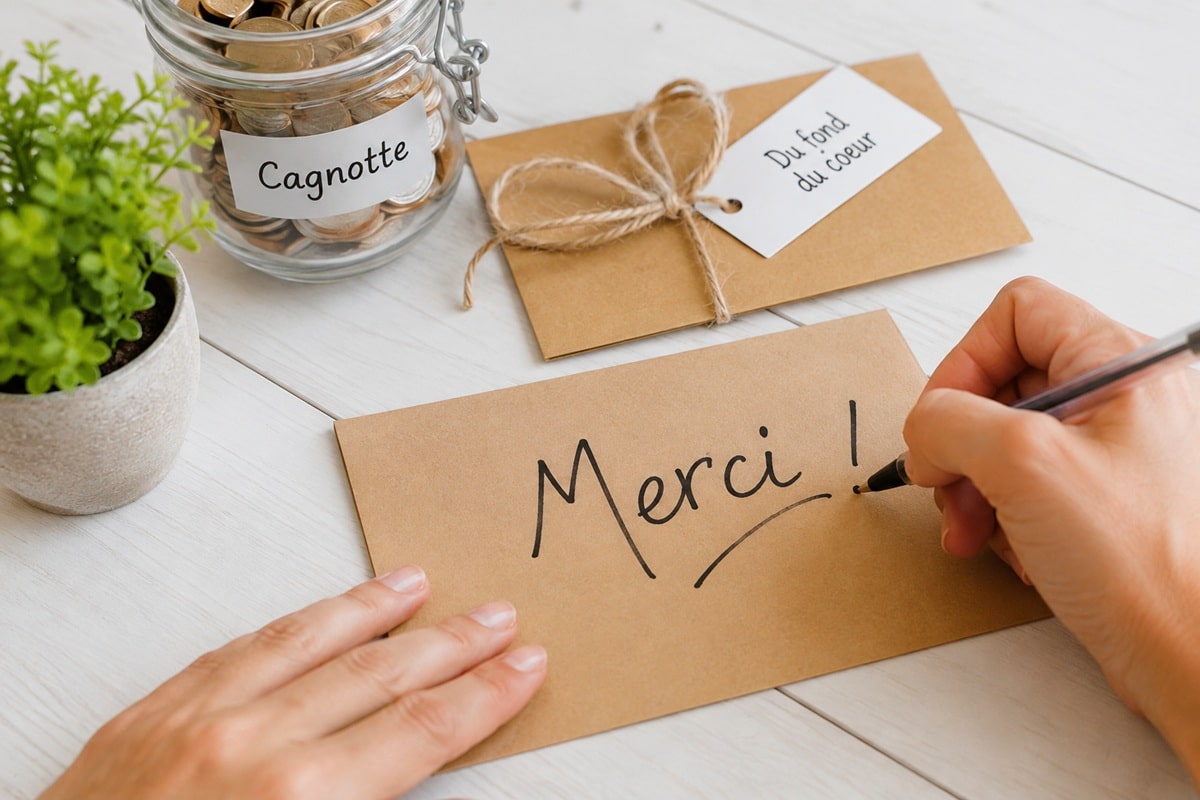 Carte de remerciement sur table blanche